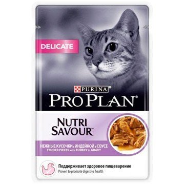 Pro Plan Влажный корм для кошек с чувствительным пищеварением, индейка в соусе, Delicate