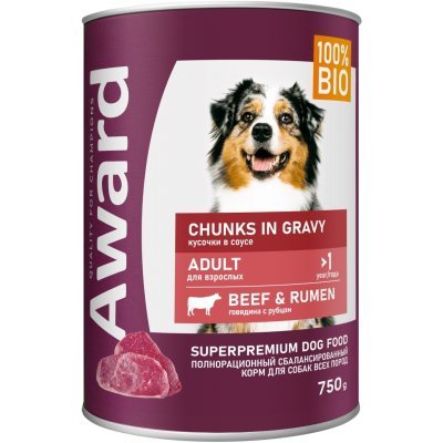 AWARD Влажный корм для взрослых собак кусочки с говядиной и рубцом в соусе 750г