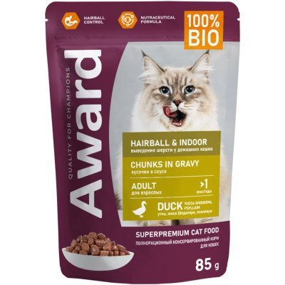 AWARD Hairball &amp; Indoor Влажный корм для выведения шерсти у кошек кусочки в соусе с Уткой 85г